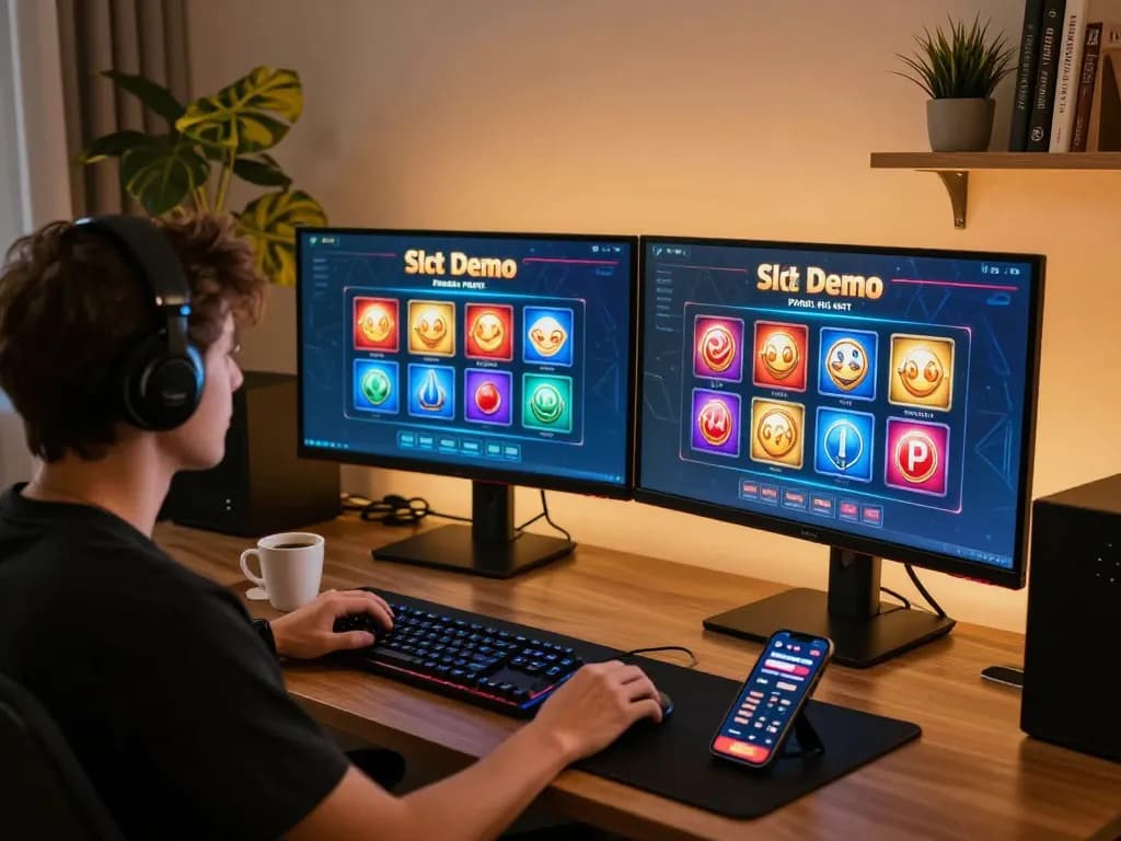 Pengguna yang terlibat bermain Slot Demo PG Soft Mirip Asli di dua monitor dalam pengaturan permainan modern.