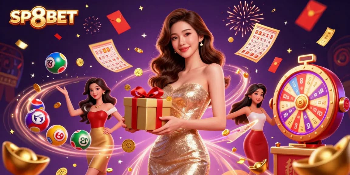 SP8BET celebrates winning moments with a gorgeous Asian woman surrounded by dynamic casino elements.