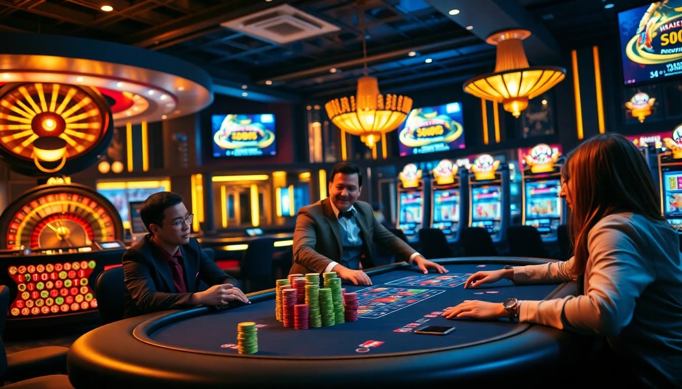 High-stakes poker action at tabet casino with colorful chips and an engaged dealer.