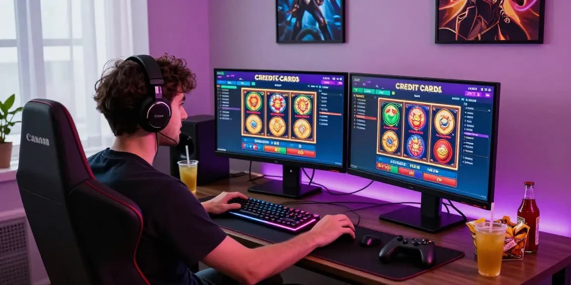 Engaged player in a colorful gaming room exploring credit card casinos on dual monitors, showcasing vibrant online gaming atmosphere.