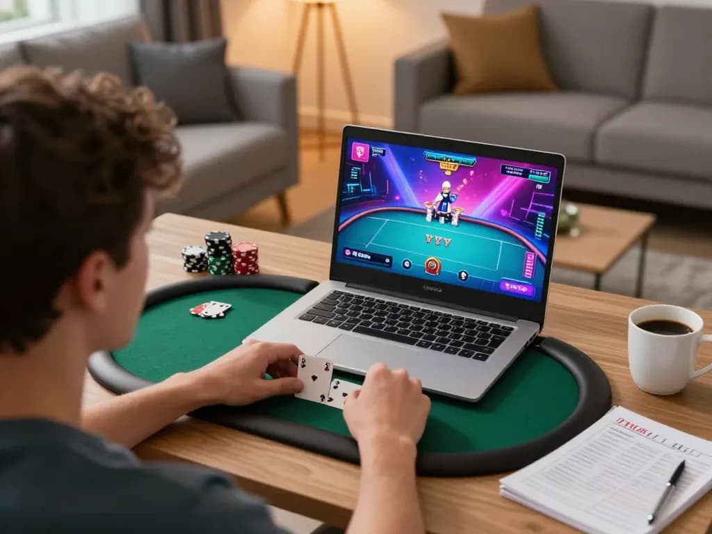 Player enjoying an online poker game on laptop while betting strategies are visible, showcasing VIN777.