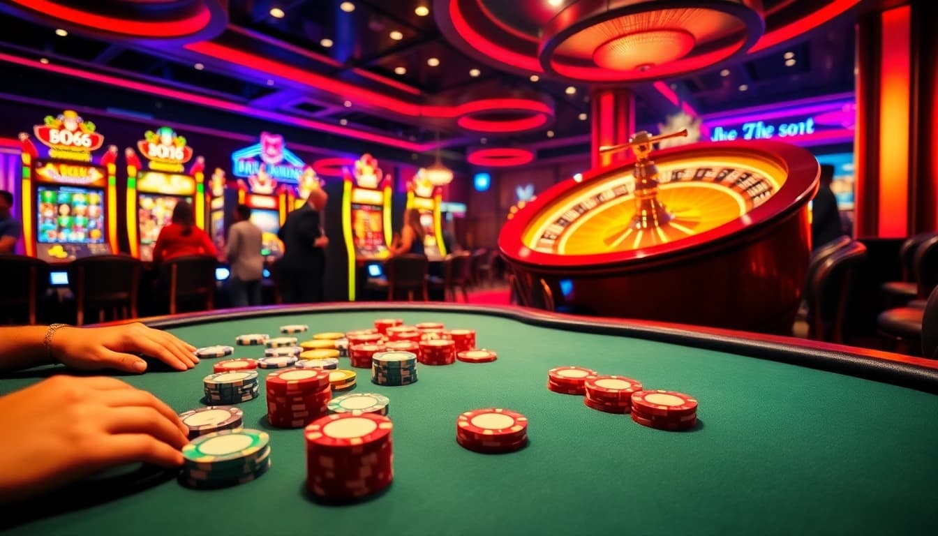 Experience the thrill of MB66 with vibrant casino action at the poker table and spinning roulette wheel.