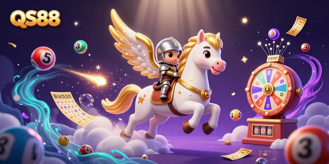 Experience the excitement of QS88 with a lively illustration of a celestial horse and knight amidst colorful lottery elements.