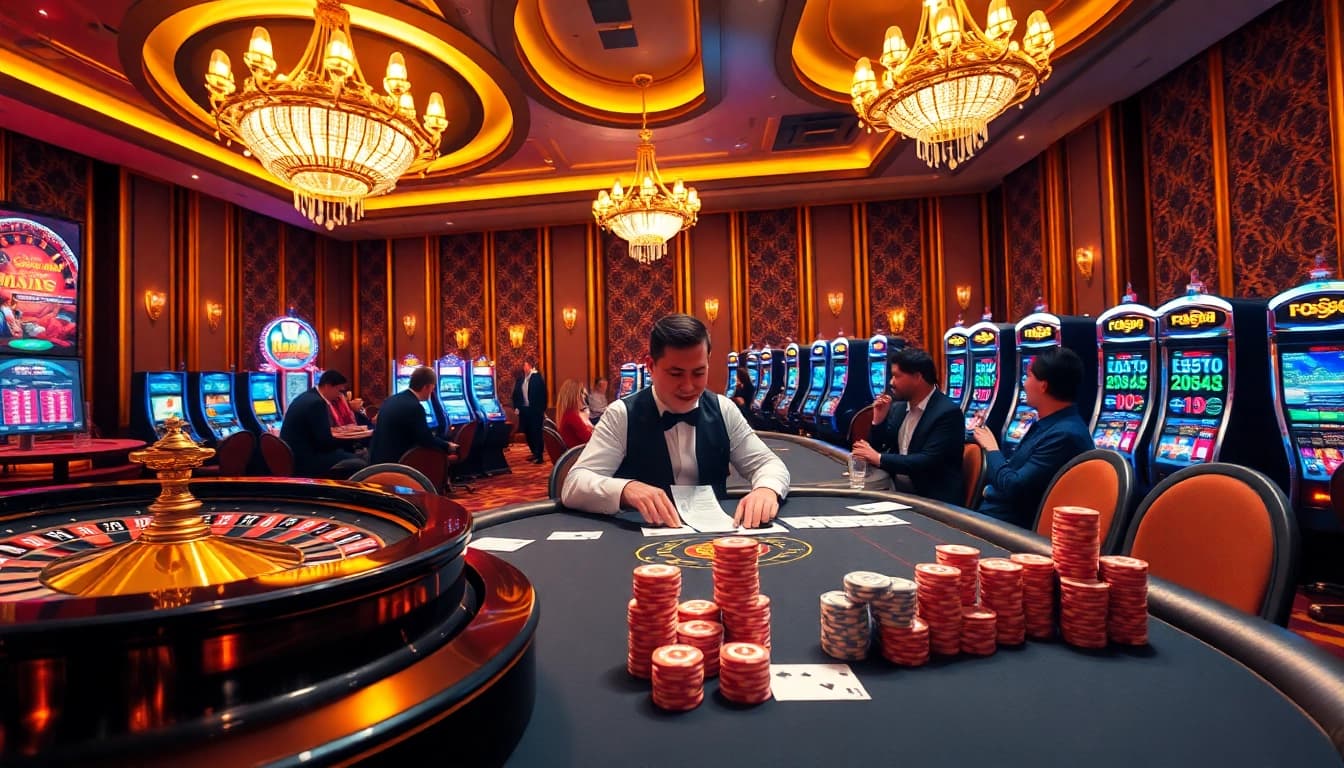 Experience the excitement of gambling at Trang chủ MM88, highlighted by professional dealers and luxurious casino elements.