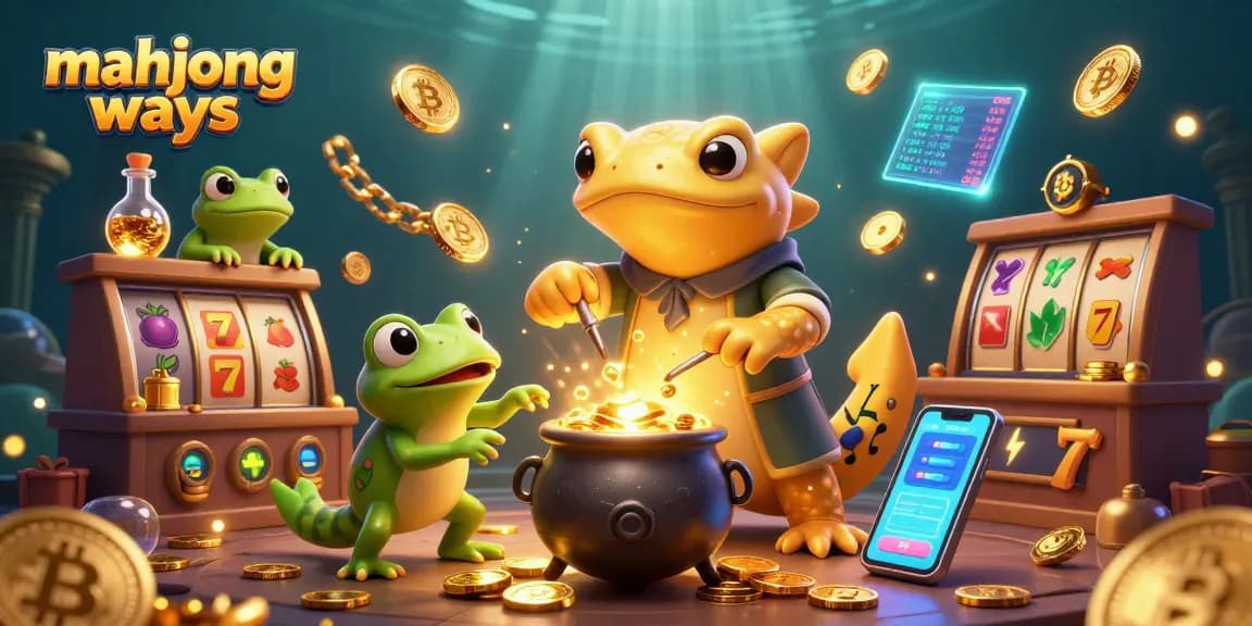 Experience exciting mahjong ways with a lively scene of an alchemist and assistants creating winning gold coins in a vibrant casino.