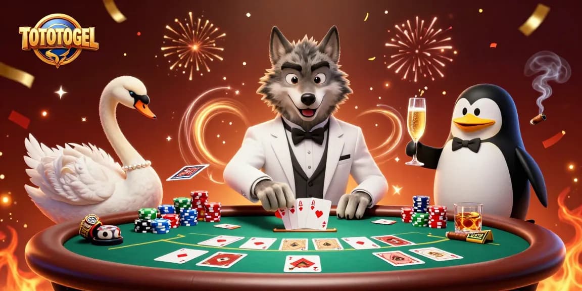 Experience thrilling TOTOTOGEL betting action with a debonair wolf, elegant swan, and sophisticated penguin in a lively casino scene.