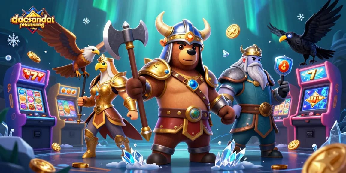Join the adventures of dacsandatphanrang com with this thrilling 3D slot game scene featuring a Viking bear and Valkyrie eagle.