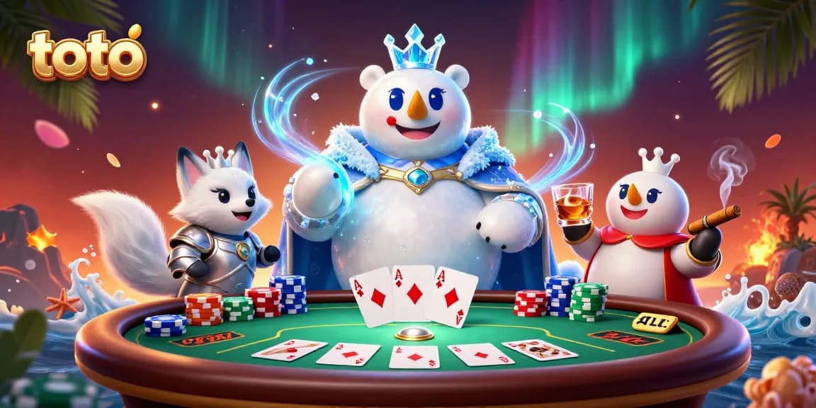 Toto poker scene with ice king and snow fox amidst colorful chips and cards.