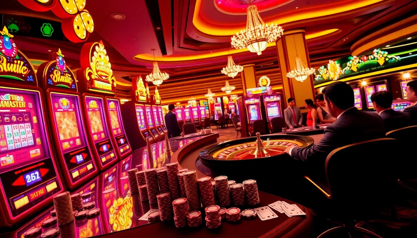 Players enjoying high-stakes thrills at luxury12 casino, featuring vibrant slots and intense poker action.