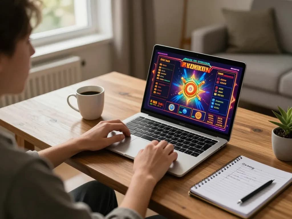 Engaging in situs gacor online slots at home, showcasing vibrant game visuals and cozy atmosphere.