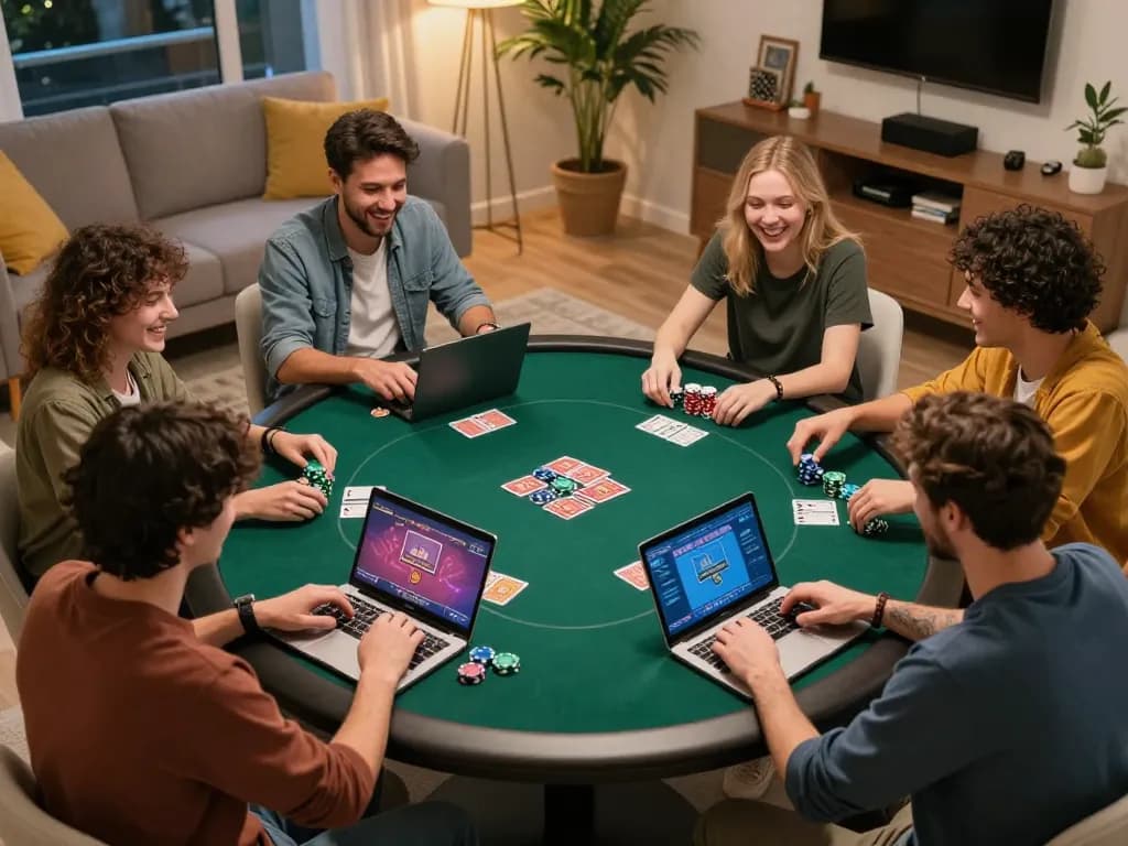 Players engage in an online poker game at home, showcasing camaraderie and strategy in a cozy setting with m112 action.