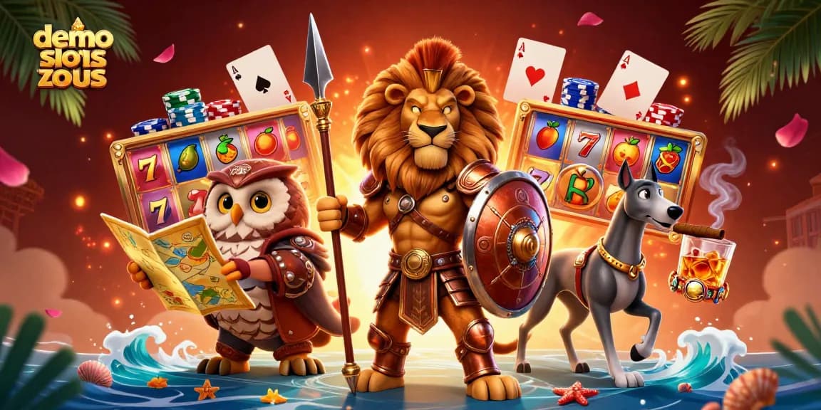 Experience the excitement of demo slot zeus 1000 with a vibrant casino scene, featuring heroic characters and game symbols.