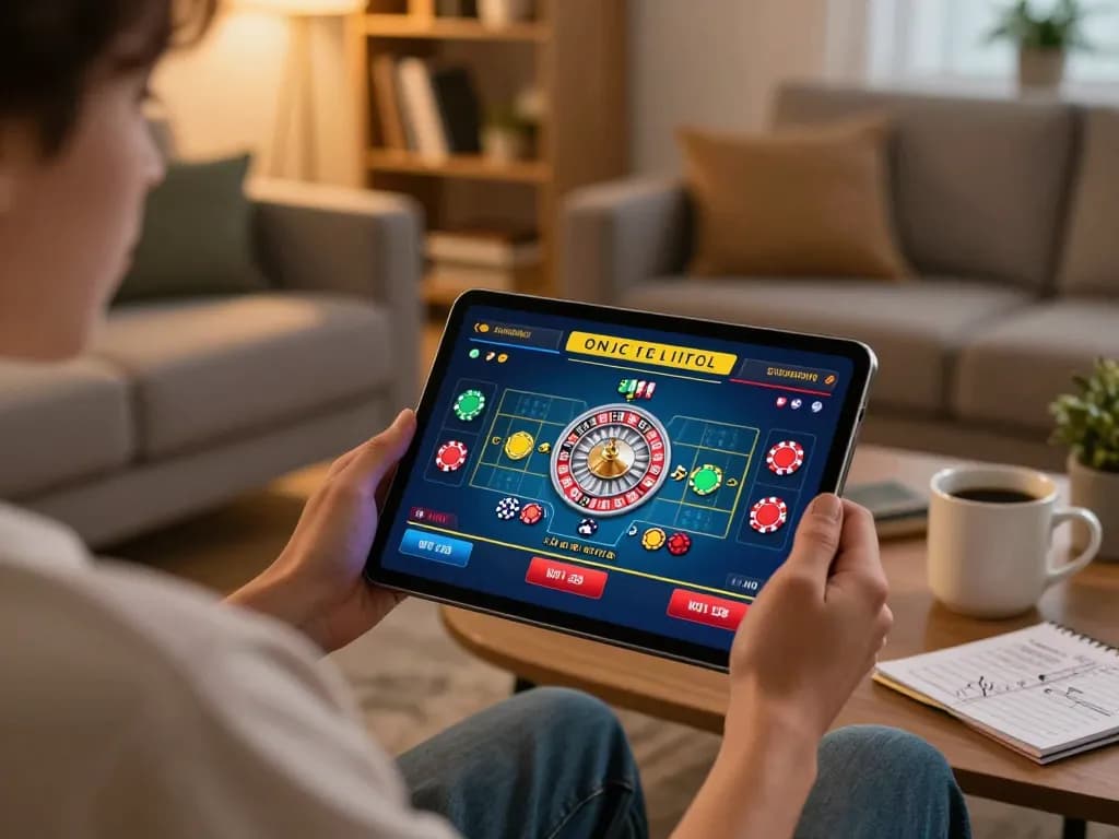 Engaging online casino gameplay with lc88 tablet interface showcasing roulette and strategies in a cozy living room