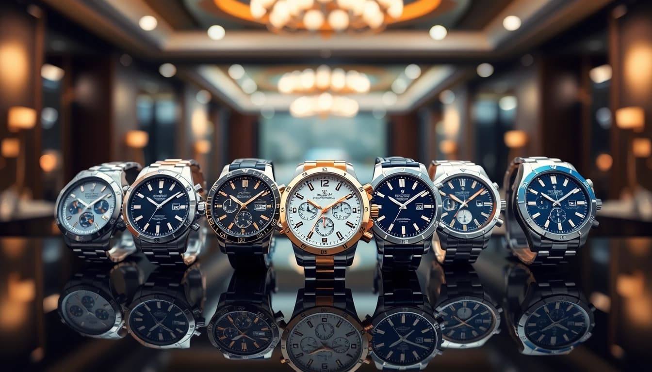 Showcase of luxurious replica watches with intricate designs on a sleek glass surface.