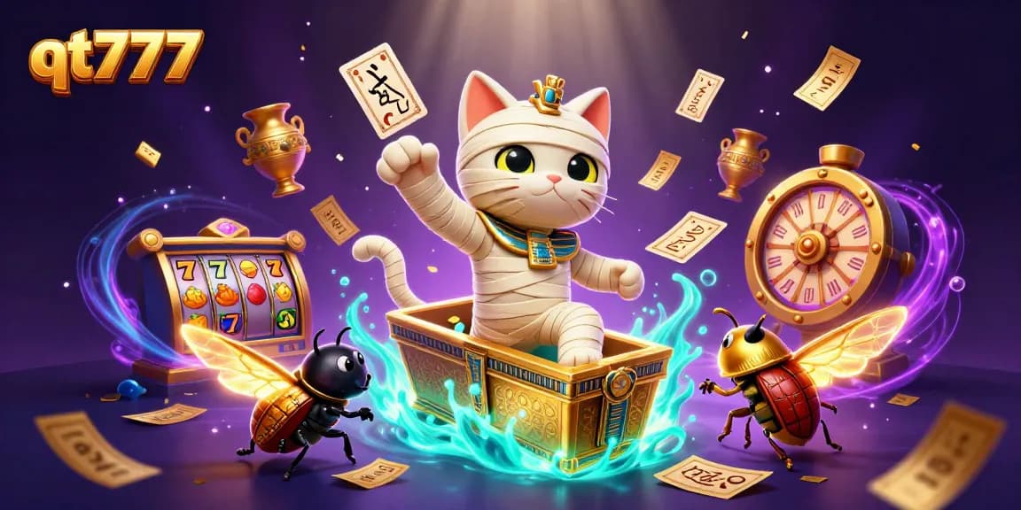 Engage with qt777 as the Egyptian mummy cat bursts from a sarcophagus surrounded by vibrant casino elements.