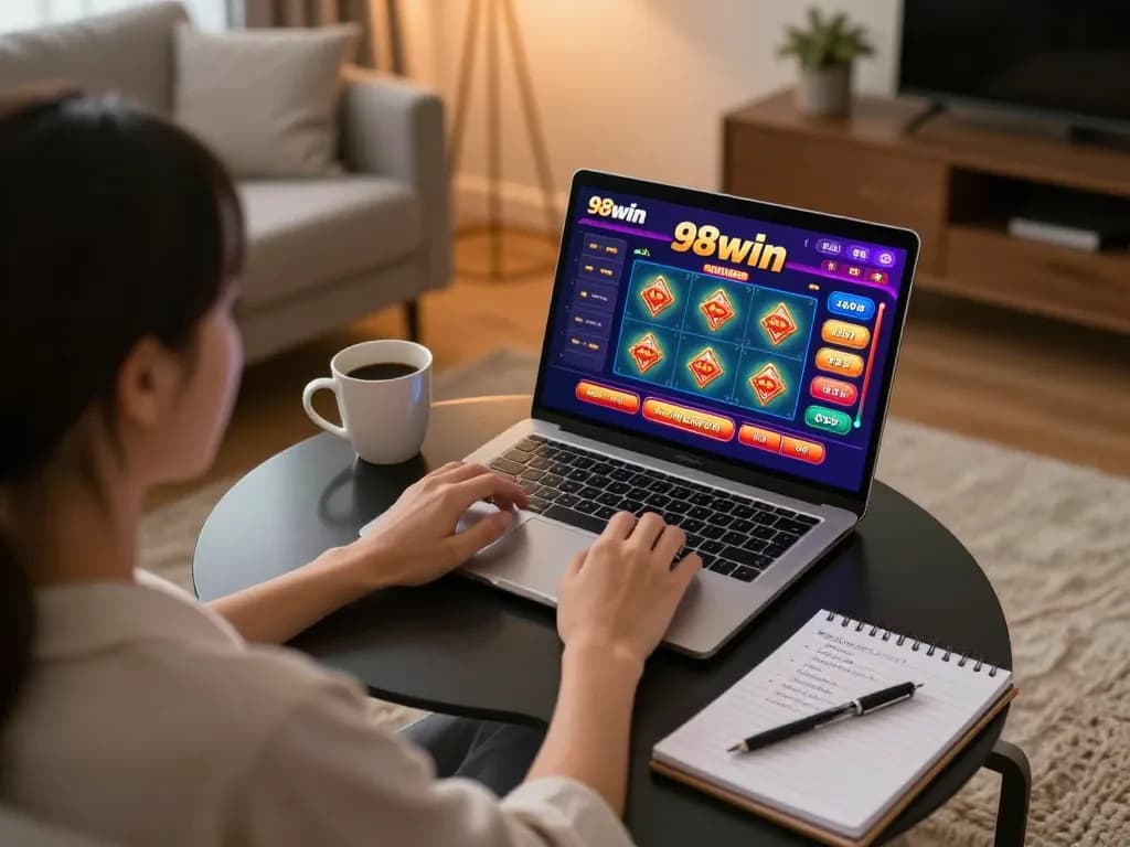 Player enjoying online casino games at 98win from home, showcasing an engaging gaming atmosphere.