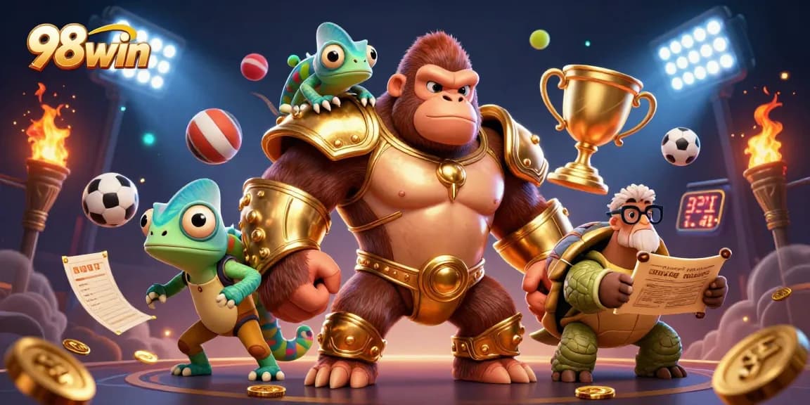 Engage with 98win, featuring a gorilla king, chameleon companion, and tortoise elder in a vibrant casino scene.