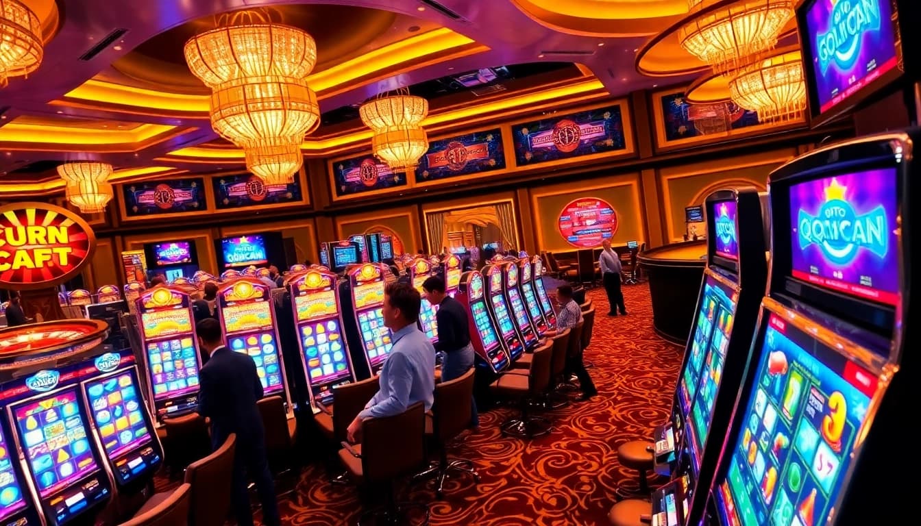 Experience the excitement of qqmacan with vibrant slot machines and energetic players in a luxurious casino setting.