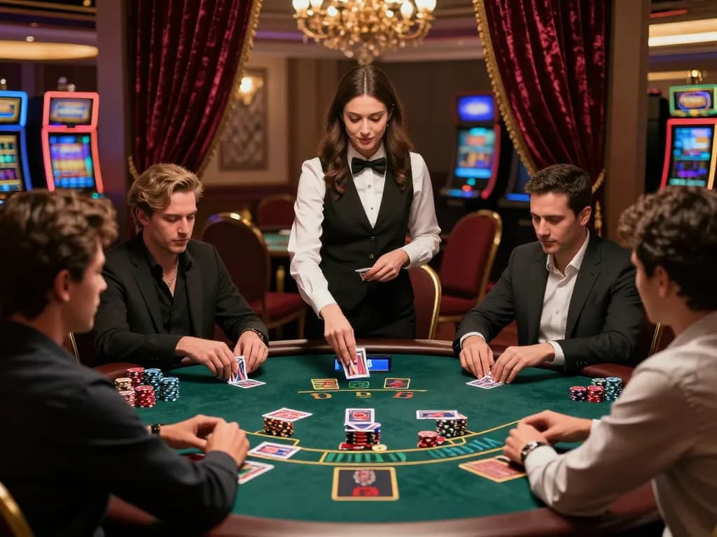 Exciting moment at n188 casino with players strategizing at a blackjack table, displaying lively gameplay.