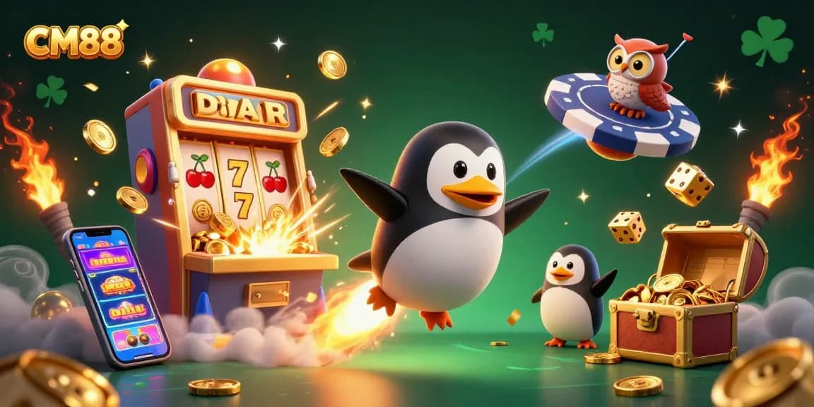 CM88's rocket-powered penguin navigating a casino universe with vibrant slot machine and treasure elements.