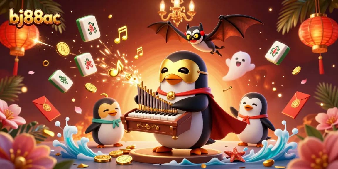 Win big with bj88ac's vibrant casino atmosphere, featuring golden musical notes and coin-filled adventures.