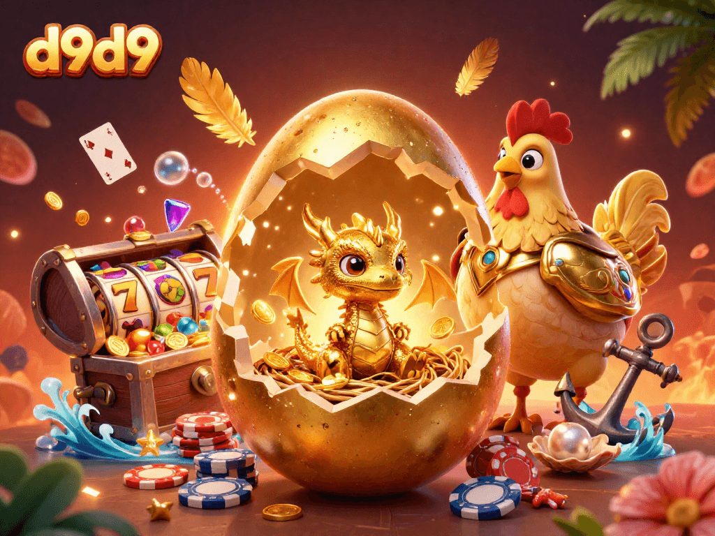 Maglaro ng mga slot sa d9d9, kasama ang dragon at almendras na puno ng ginto.