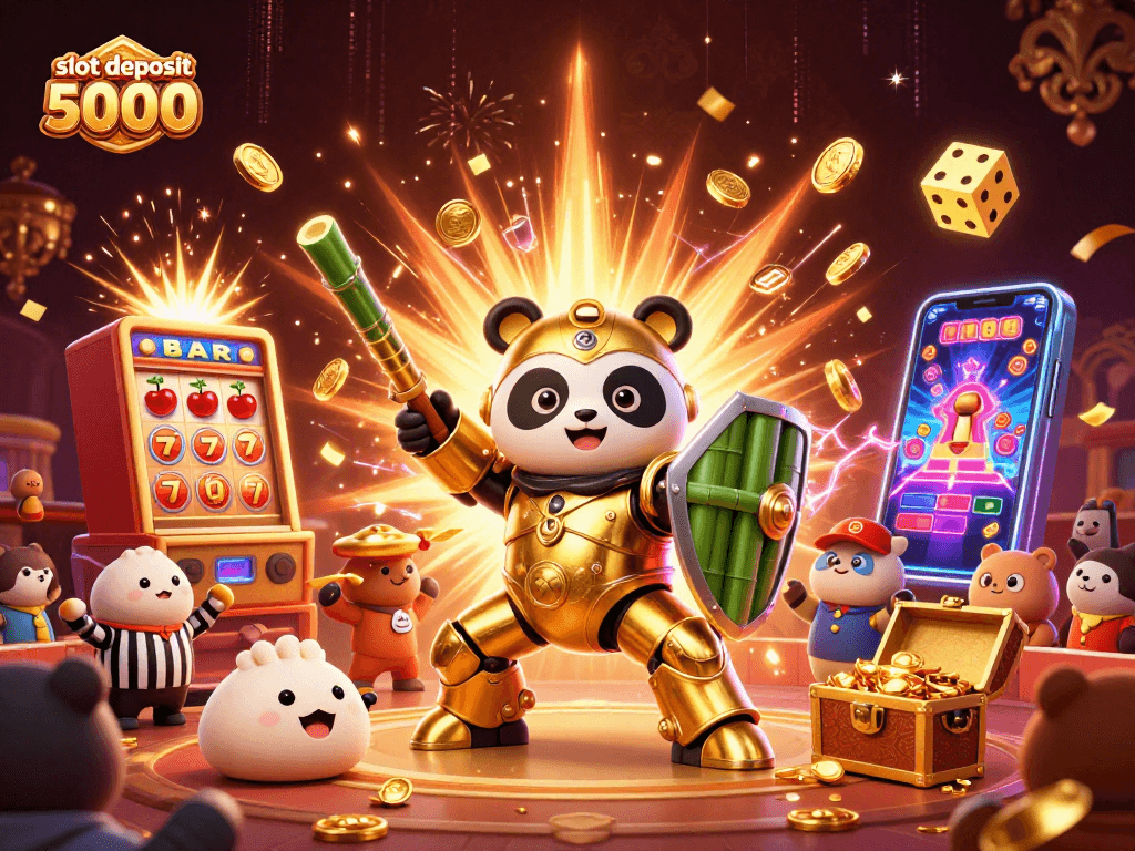 Engage with the thrilling action of a 3D illustration showcasing slot deposit 5000 excitement in a vibrant casino arena.
