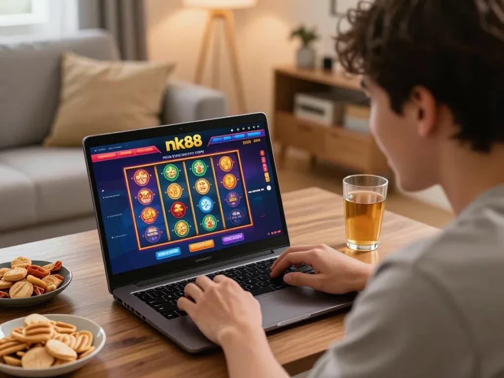 Player enjoying a thrilling moment on nk88 online casino platform, engaging with vibrant slot games on laptop.