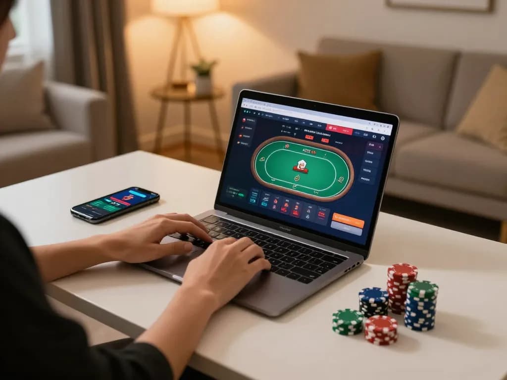 Engaging user experience at u888 trang chủ with a dynamic online gambling setup, showcasing a poker game on a laptop.