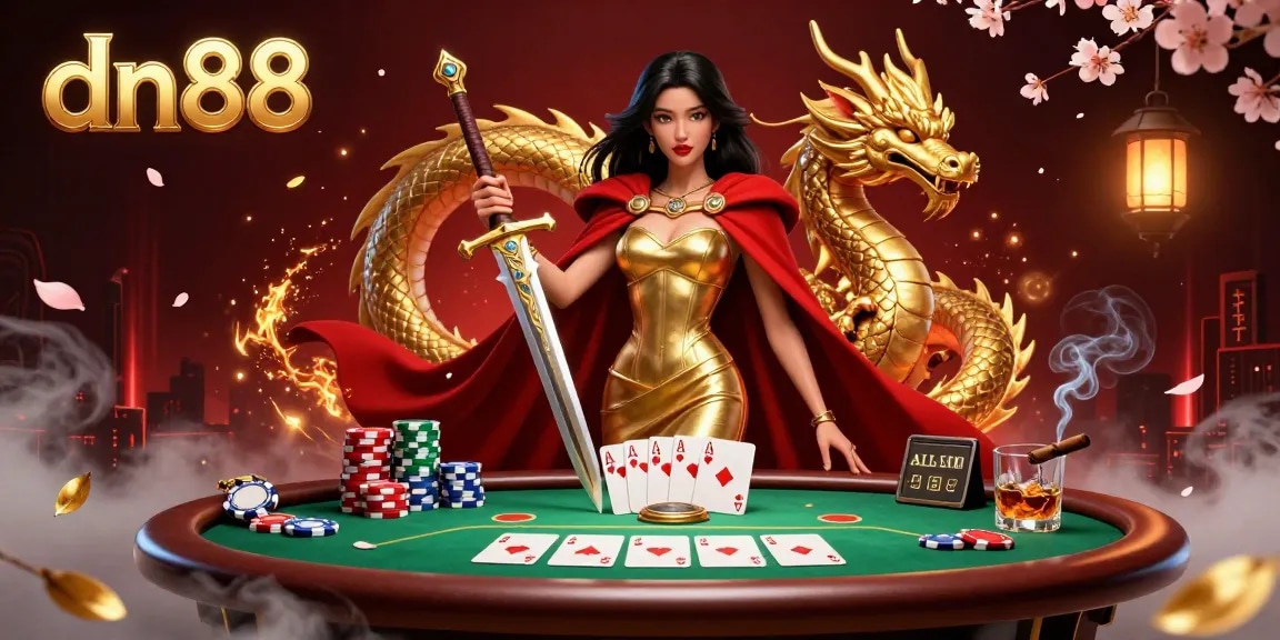 Win big with dn88 at the vibrant casino scene showcasing poker tables and golden treasures.