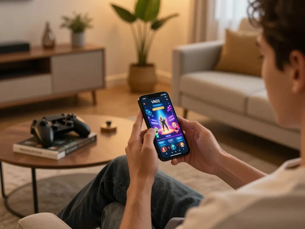 Engaging with the VN23 app on a smartphone in a cozy home gaming setup, showcasing online casino excitement.