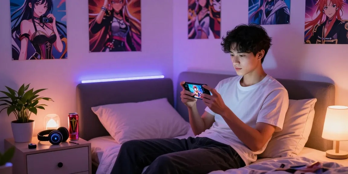Engaged player enjoying mobile hentai games in a cozy bedroom setting with LED lights.