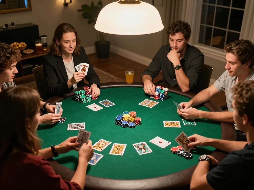 Sunwin players engaged in a friendly poker game at home with chips and cards on the table.