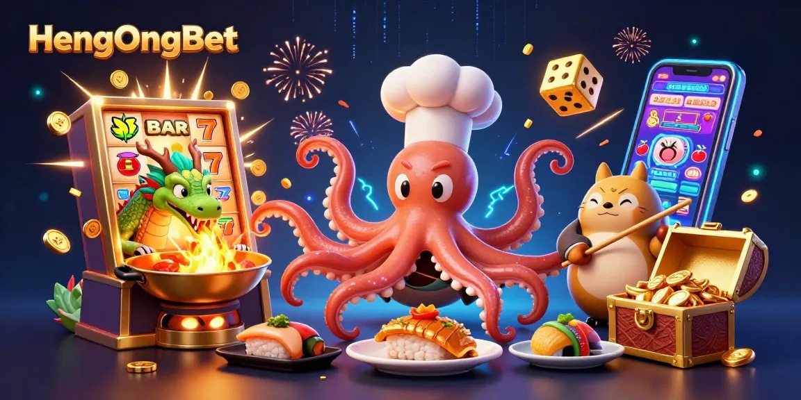Experience exciting gameplay at HengOngBet with dynamic slot games, fire-breathing dragon, and vibrant casino elements.