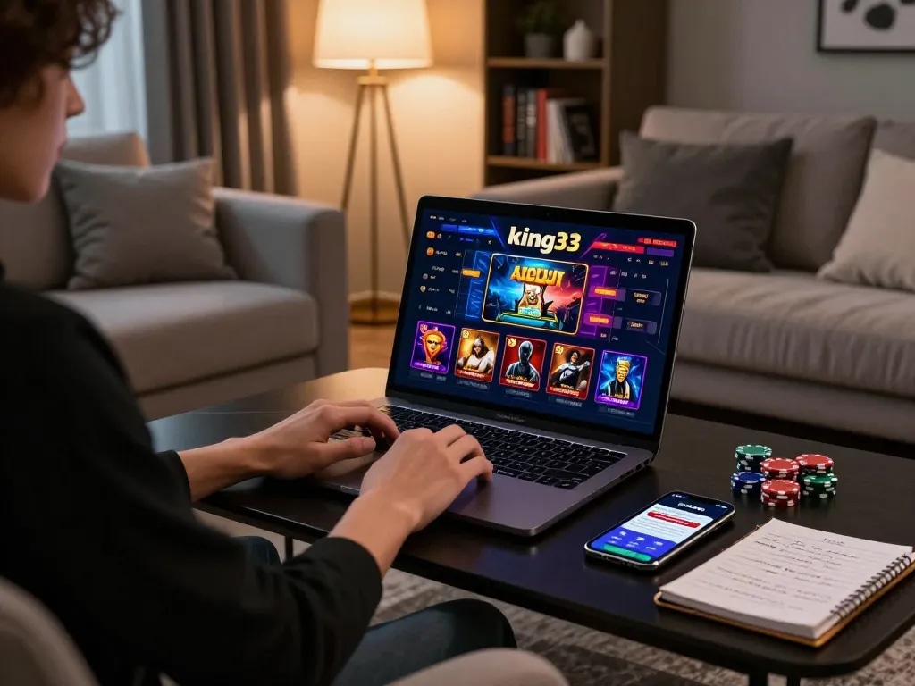 Engaging in online gaming at king33 with a laptop and strategy notes in a cozy setting.