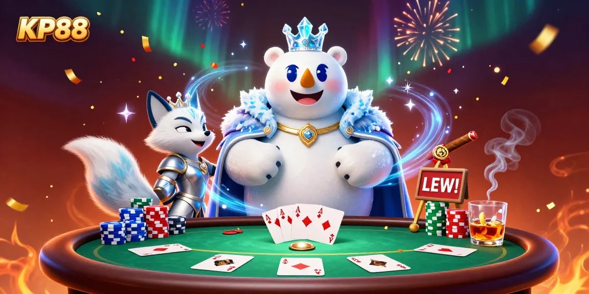 Engage in thrilling poker gameplay with KP88's vibrant 3D illustration featuring an ice king and gaming elements.