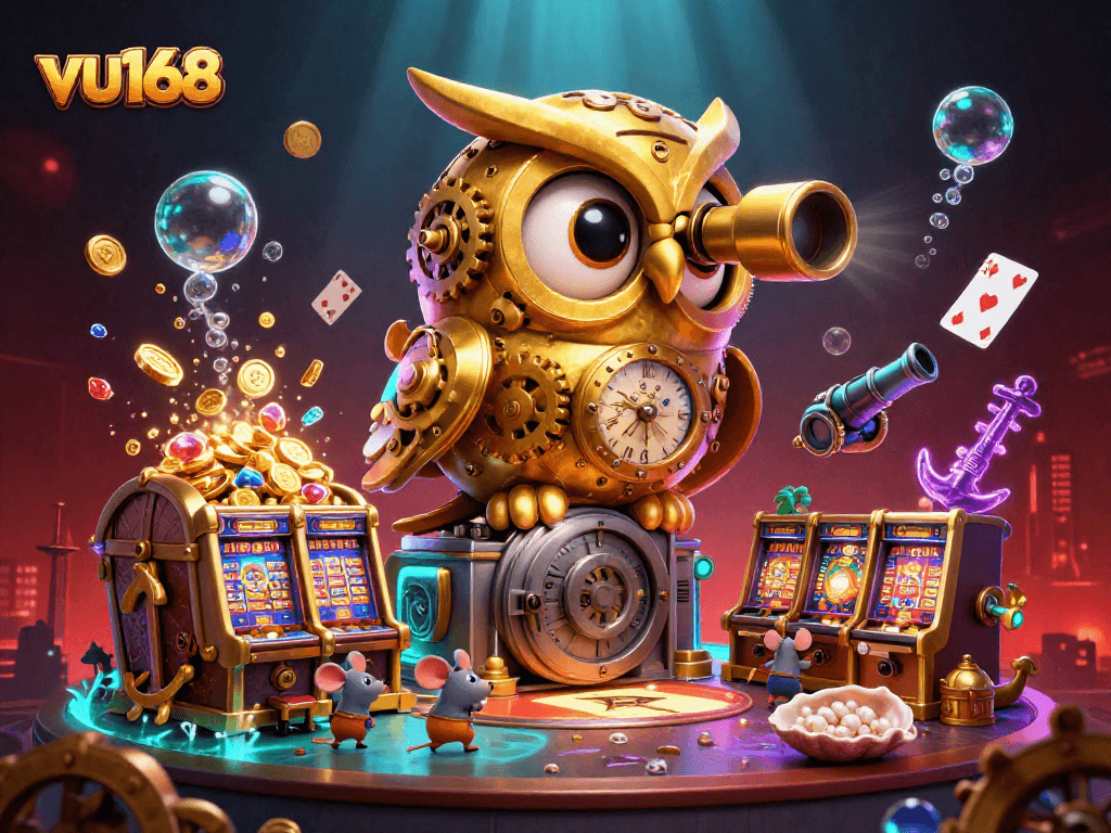 Experience the thrill at vu168 with a lively casino scene featuring a golden owl and animated characters gambling.