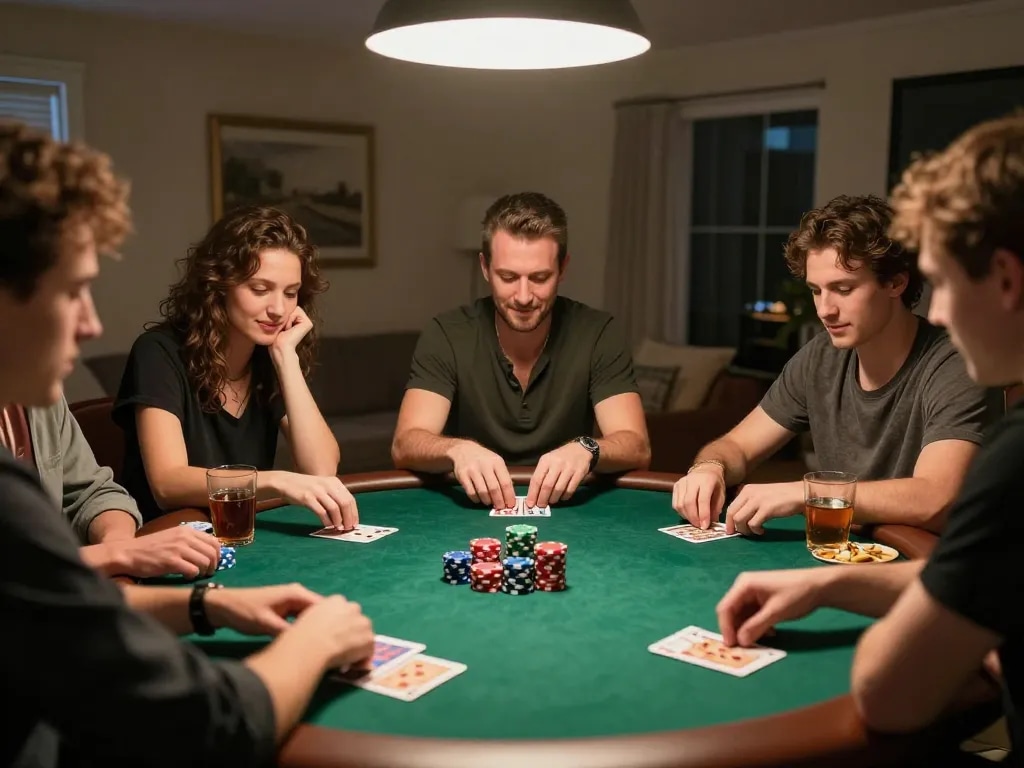 Engaged players enjoying a friendly poker game while watching ดูหนัง together, showcasing camaraderie and strategy.