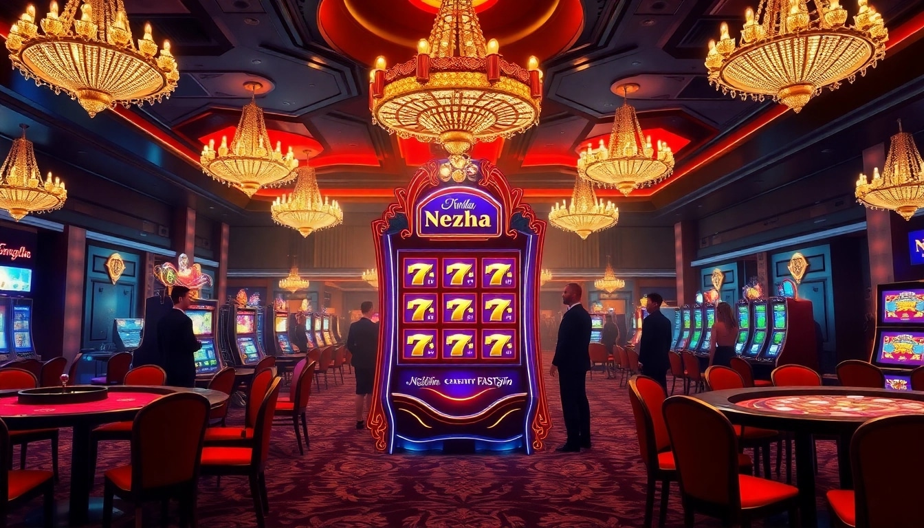 Players enjoying the Nezha FastSpin slot game amidst a vibrant casino atmosphere.