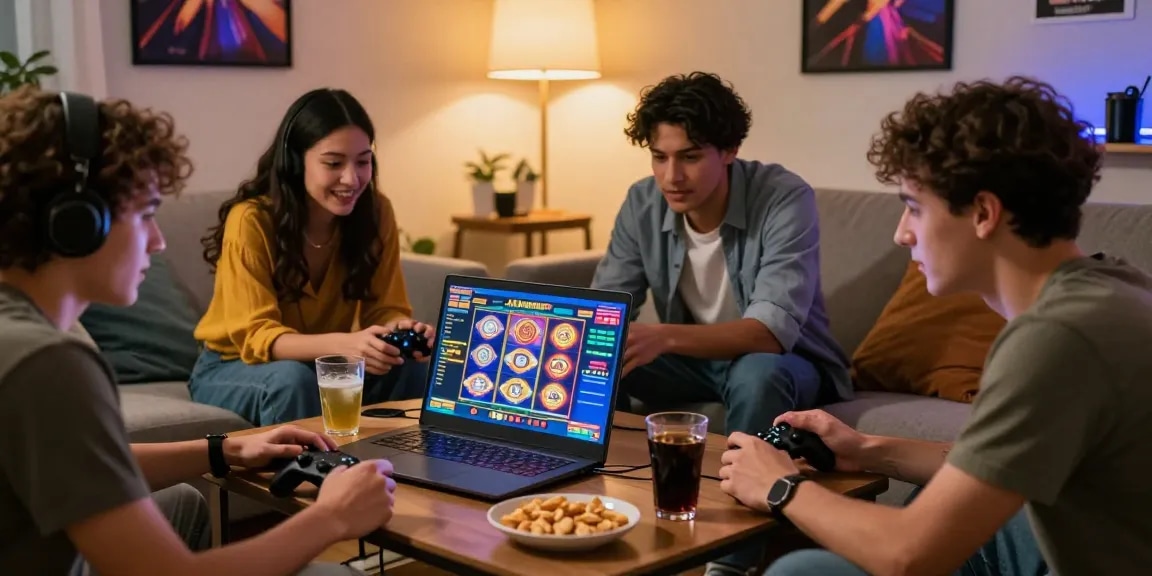 Friends enjoying pajaktoto slot gaming experience in a cozy living room.