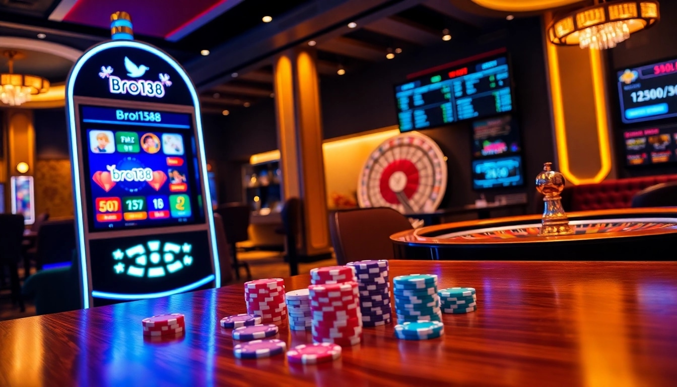 Experience thrilling gameplay at bro138 with vibrant slot machines and poker chips.