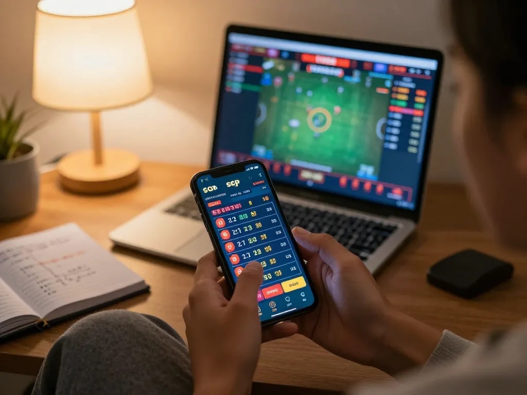 Engaging in toto sgp mobile betting with selected numbers displayed on smartphone in a cozy home environment.