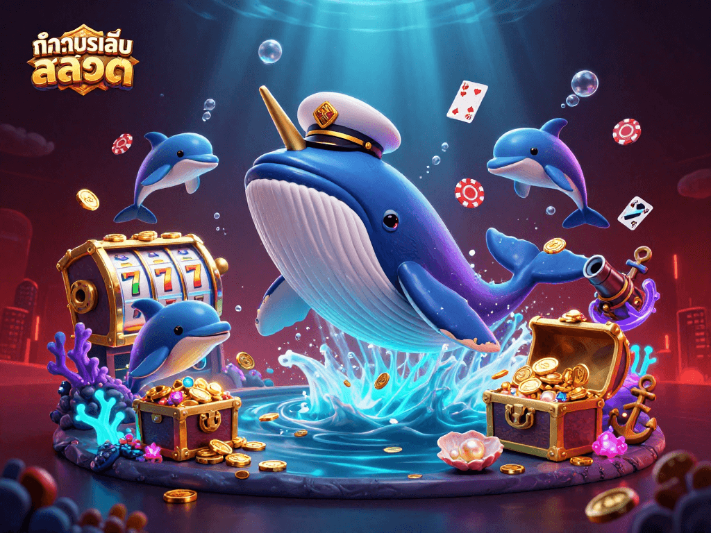 Engage in ทดลองเล่นสล็อต with a vivid cartoon scene featuring a majestic whale, narwhal, and dolphins.