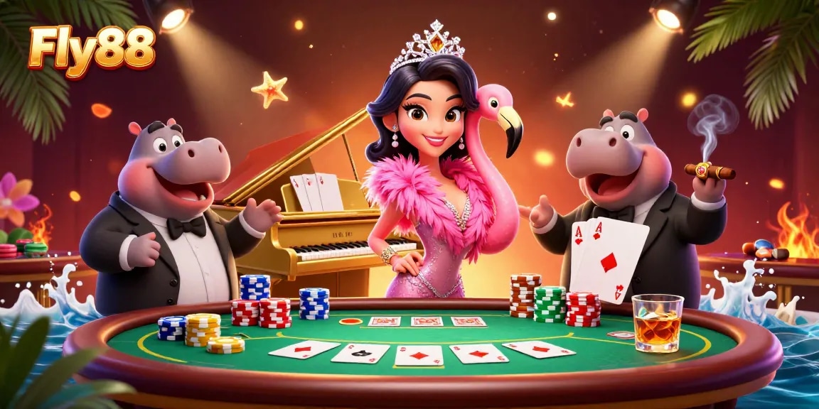 Engage with Fly88's vibrant casino atmosphere featuring lively characters and poker elements.