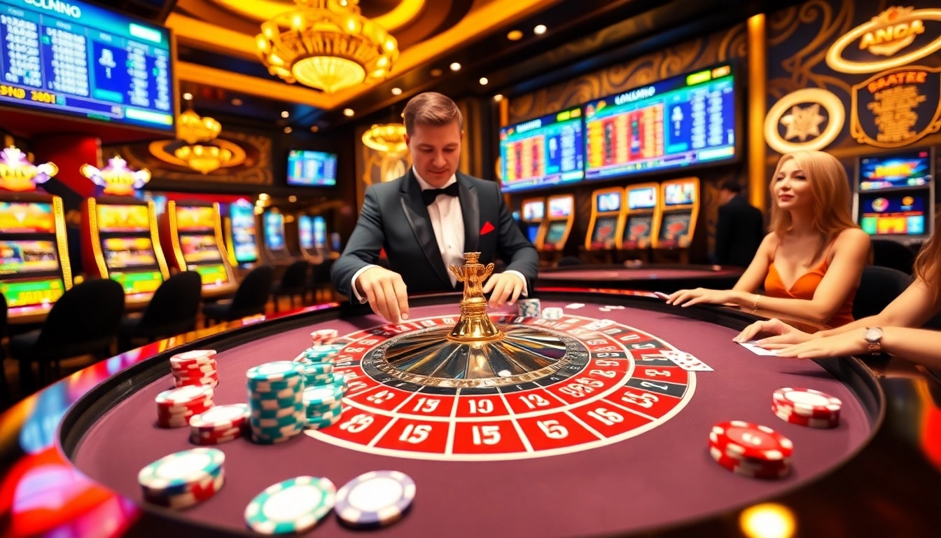 Engage with the lively atmosphere of https://lc88pro.com/, showcasing a roulette table filled with poker chips and excited players.