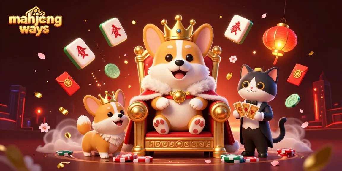 Enjoy mahjong ways with fun visuals featuring a royal corgi and animated game symbols.
