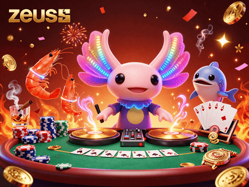 Experience the excitement of zeus in this vibrant casino scene featuring a DJ axolotl and animated shrimp celebrating wins.