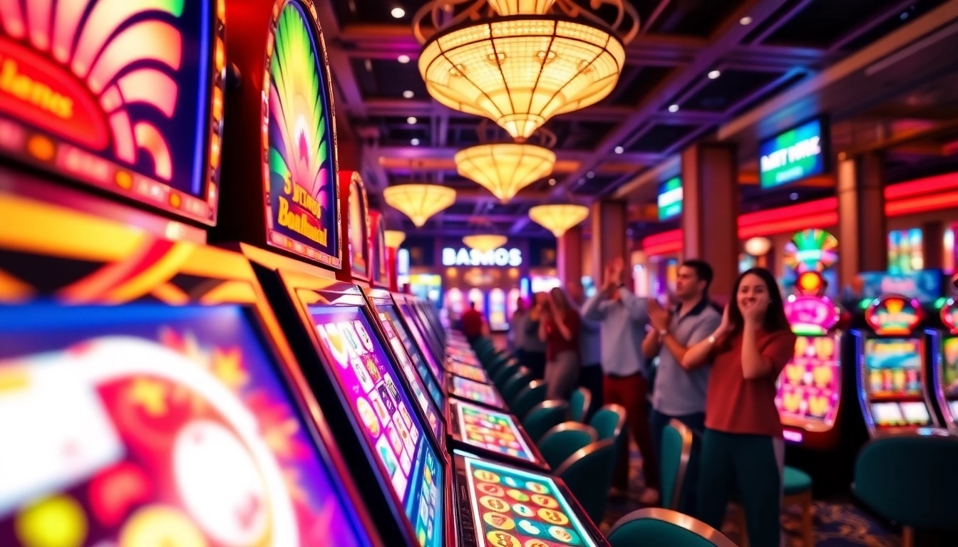 Kenangan4D menampilkan suasana kasino yang meriah dengan mesin slot yang berkilau.