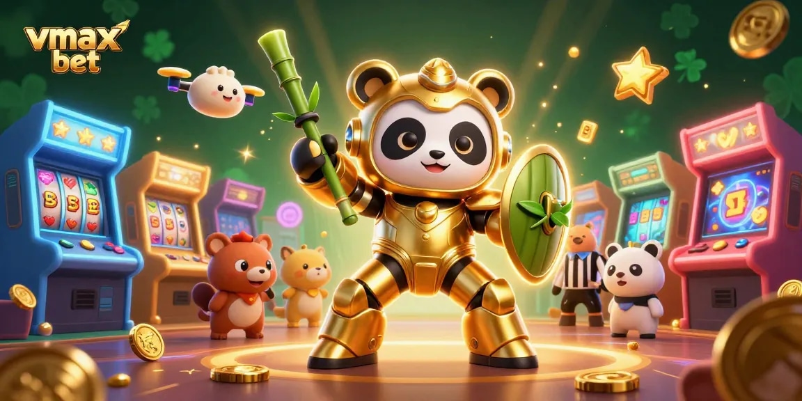 Engage in vibrant gaming action at vmax bet with 3D cartoon robots and colorful arcade elements.