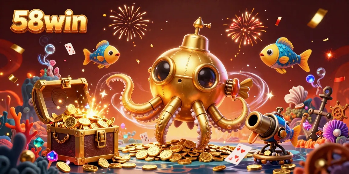 Engage with 58win's exciting gaming world as a golden kraken submarine beams through golden coins.